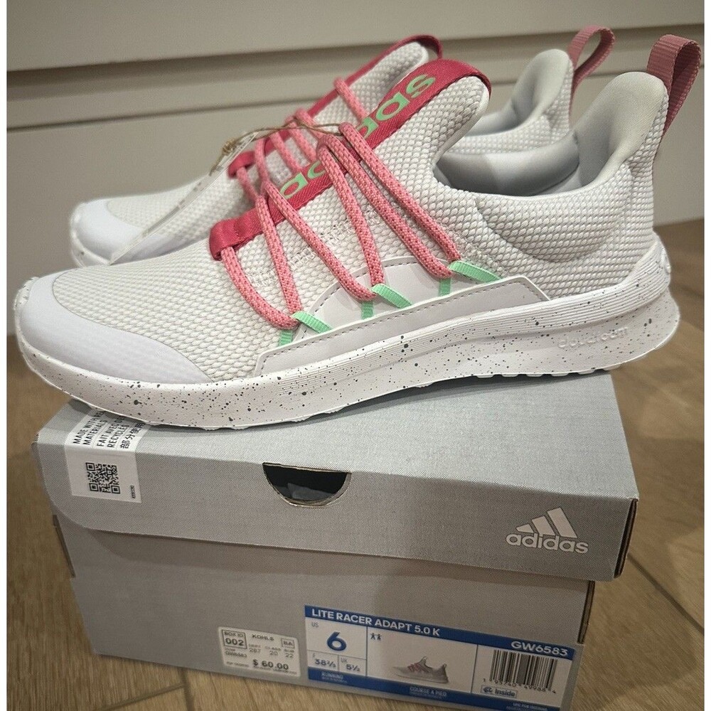Youth Girls Adidas Lite Racer Adapt 5.0 K Sneakers Shoes White Pink Size 6 NIB!